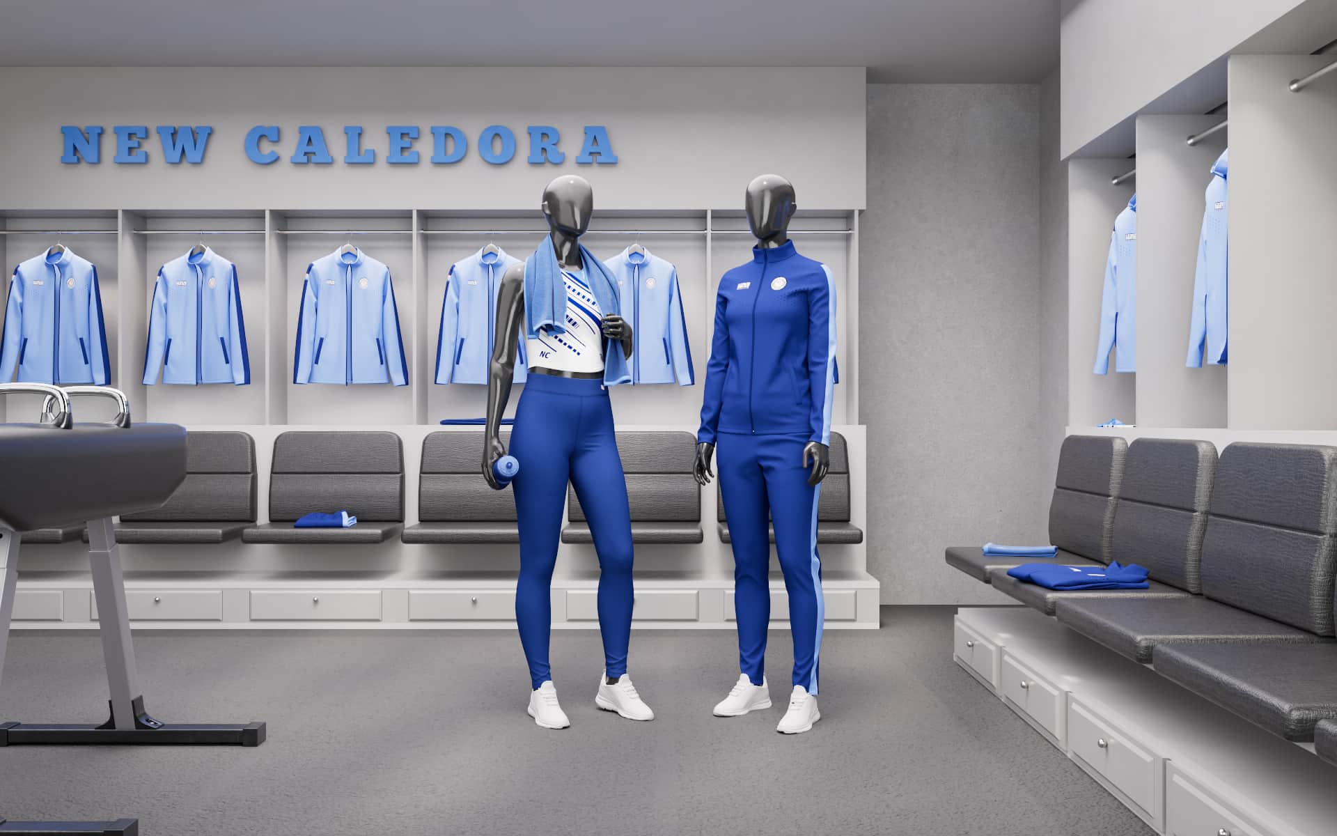 Gym staff in custom-branded apparel designed with Hutter Products’ 3D configurator